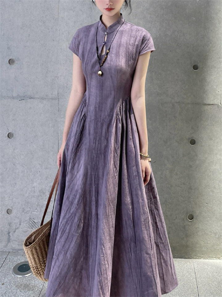 Women's Chinese Style Retro Solid Color Stand Collar Dress