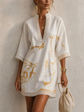 Women V Neck Boho Abstract Print Resort Lace Trim Mini Dress
