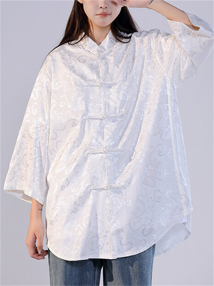Women's Summer Jacquard Stand Collar Casual Tangsuit Shirts