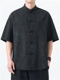 Men's Chinese Style Jacquard Loose Stand Collar Summer Short Sleeve Shirts