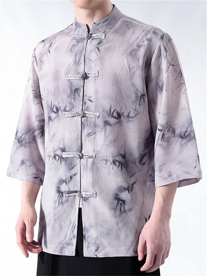 Retro Summer Men's Bamboo Print 3/4 Sleeve Shirts