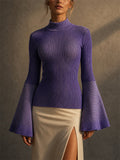 Womens Stylish Slim Fit Mock Neck Bell Sleeve Ribbed Knit Top