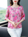 Female Elegant Summer Floral Print O-Neck Half Sleeve Shirt