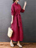 Women's Red Plaid Long Sleeve Lapel Tie-waist Dress
