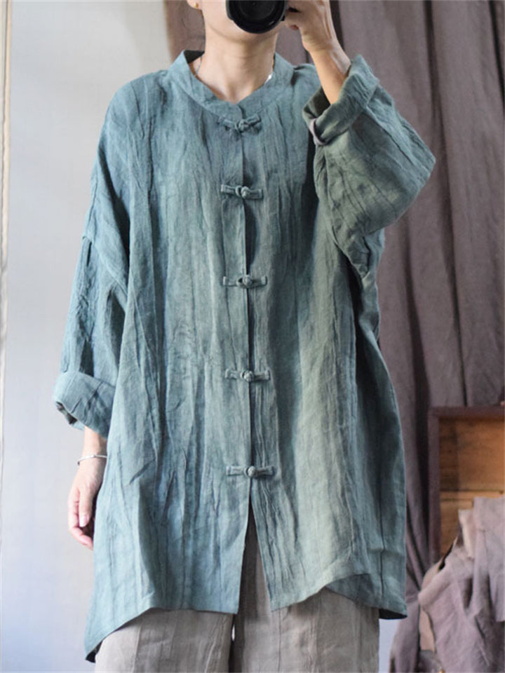 Retro Loose Linen Stand Collar Distressed Textured Shirt for Women
