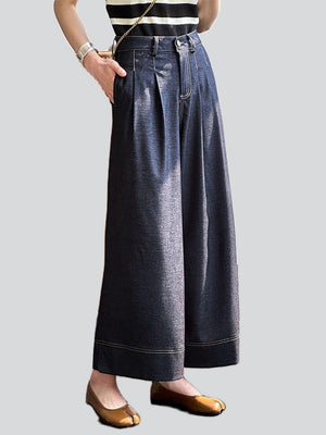 Spring Elegant Dark Blue High-Rise Wide Leg Jeans for Ladies