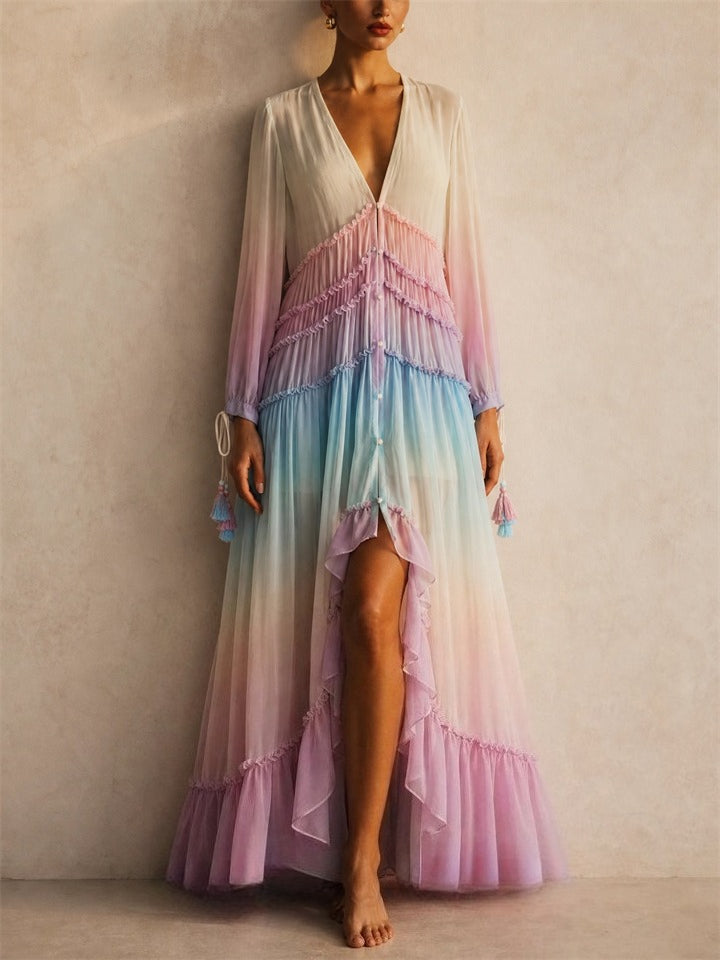 Women Boho Ombre V Neck Tiered Pleated Beach Maxi Dress