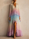 Women Boho Ombre V Neck Tiered Pleated Beach Maxi Dress