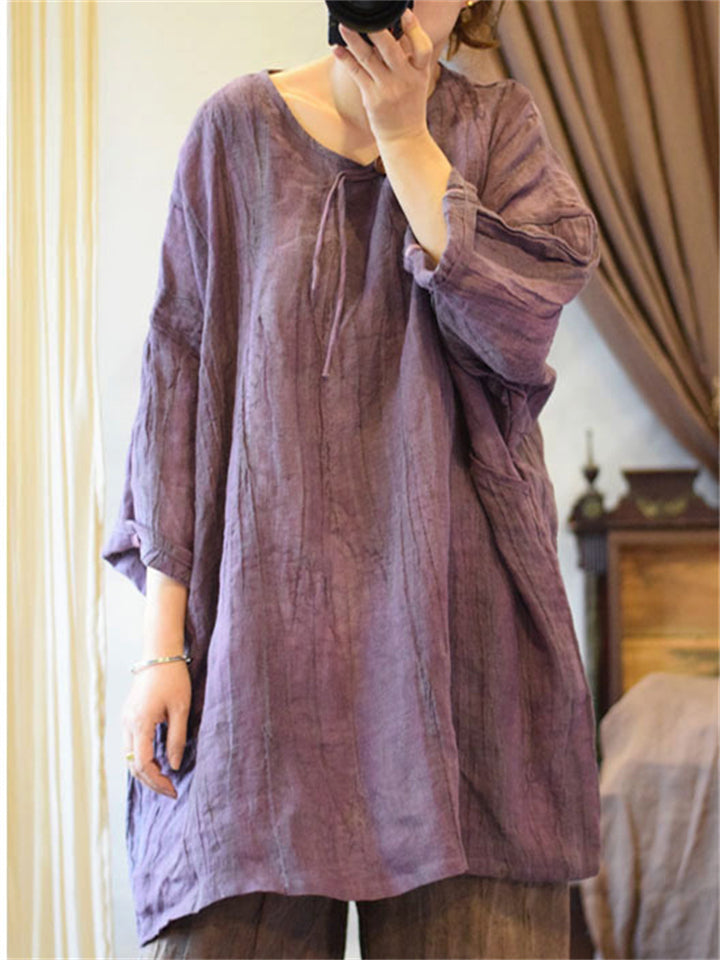 Women's Loose Linen Zen Style Distressed Textured Long Sleeve Shirts