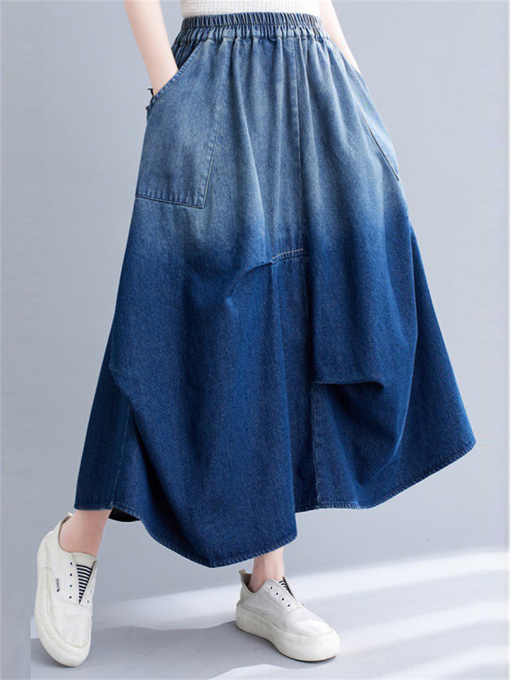 Summer Women's Elastic Waist Gradient Denim Skirts