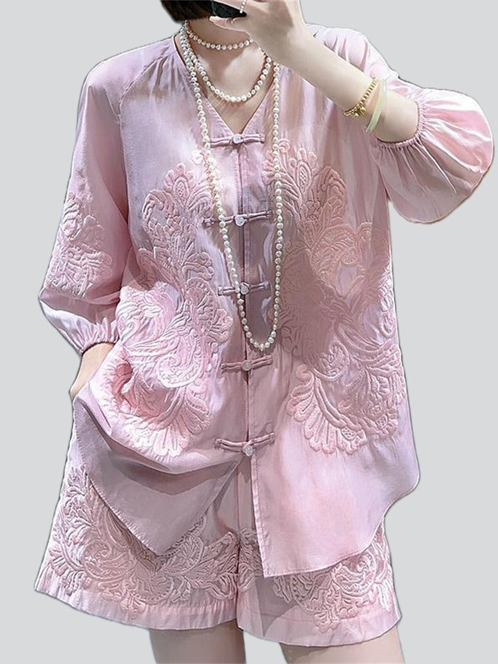 Women's Flower Embroidered Top + Shorts Chinese Style Tang Suit Set