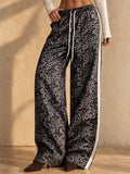 Women Leopard Print Wide Leg Pants Drawstring Side Stripe Trousers