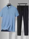 Men's 2Pcs Summer Cool Lapel Short Sleeve Seamless Solid Color Outfits