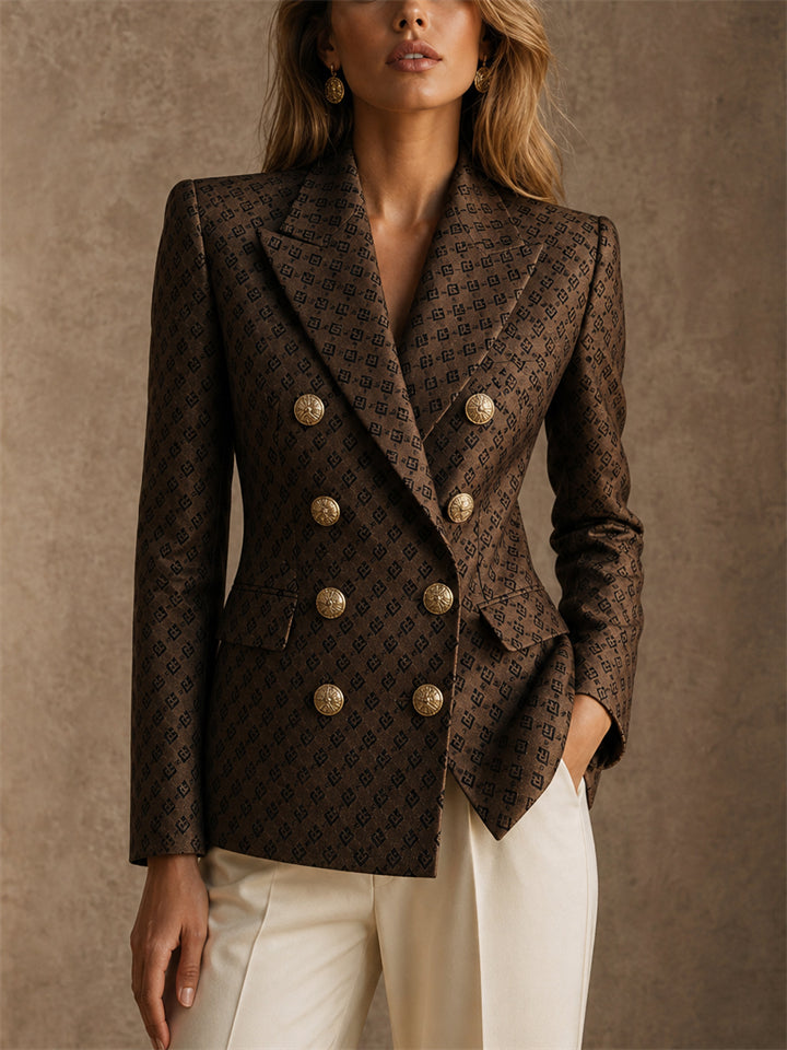 Women's Vintage Luxury Monogram Double Breasted Gold Button Blazer