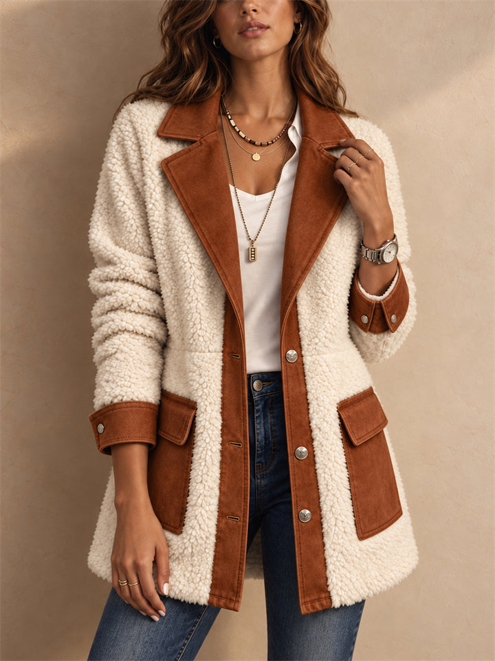 Women Color Block Fleece Button Down Teddy Jacket with Pockets