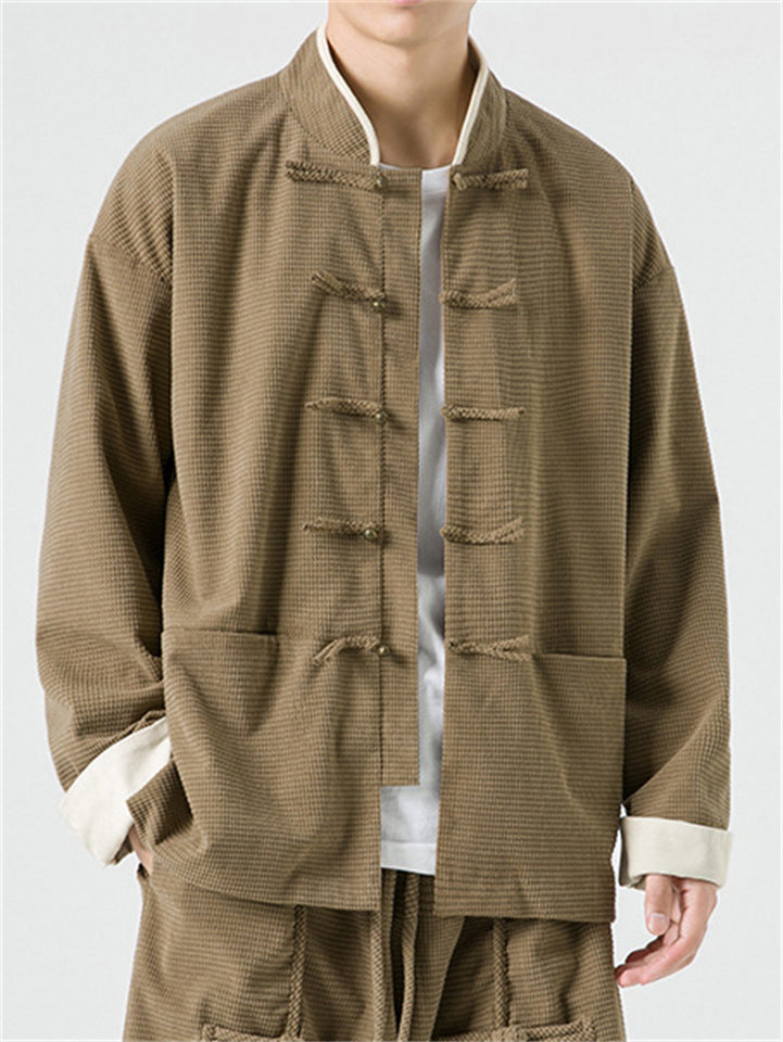 Men's Retro Chinese Style Contrast Stand Collar Corduroy Tangsuit Jackets