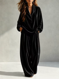 Women Velvet Lounge Set Half Button Notch Collar Top and Wide Leg Pants