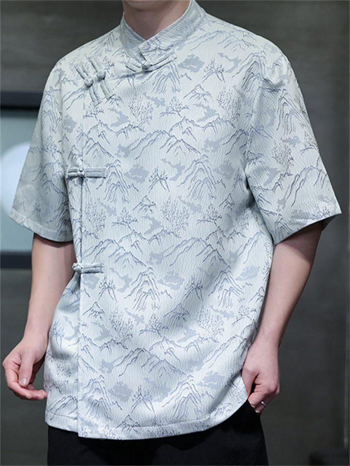 Men Chinese Style Mountain Jacquard Short Sleeve Stand Collar Shirts
