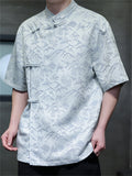 Men Chinese Style Mountain Jacquard Short Sleeve Stand Collar Shirts