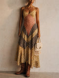 Women Boho Floral Patchwork Backless Handkerchief Hem Dress