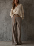 Women's Elegant Contrast Color High Waist Wide Leg Belted Wrap Front Pants