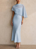 Womens Elegant Chiffon Capelet Overlay Wedding Guest Midi Dress