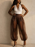 Women High Waist Sheer Mesh Lantern Pants Pleated with Shorts