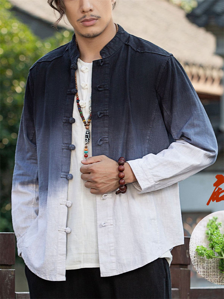 Men's Casual Linen Tie-dye Contrast Color Long Sleeve Shirts
