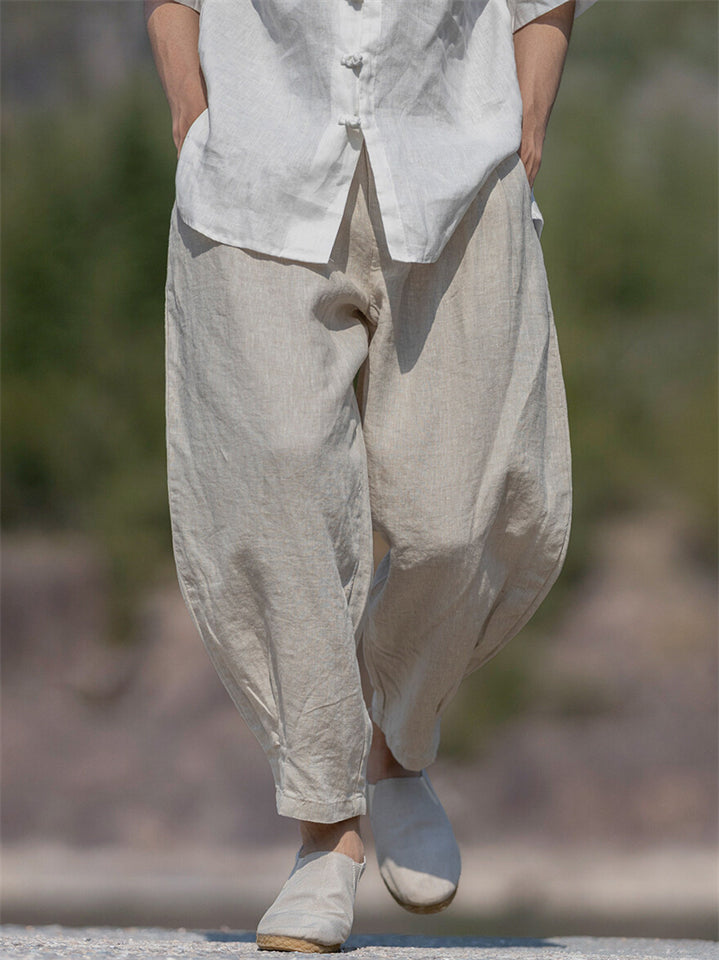 Men's Solid Color Linen Wide Leg Cropped Pants