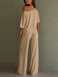 Women 2 Piece Off Shoulder High Waist Wide Leg Lounge Set