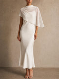 Womens Elegant Chiffon Capelet Overlay Wedding Guest Midi Dress