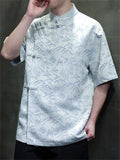 Men Chinese Style Mountain Jacquard Short Sleeve Stand Collar Shirts