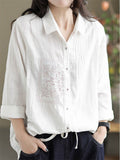 Retro Loose Embroidery Pleated Lapel Shirt for Women