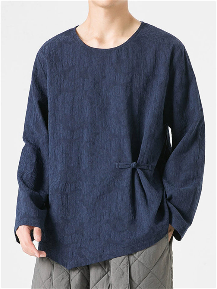 Chinese Zen Style Men's Long Sleeve Round Neck Shirts with Button Details