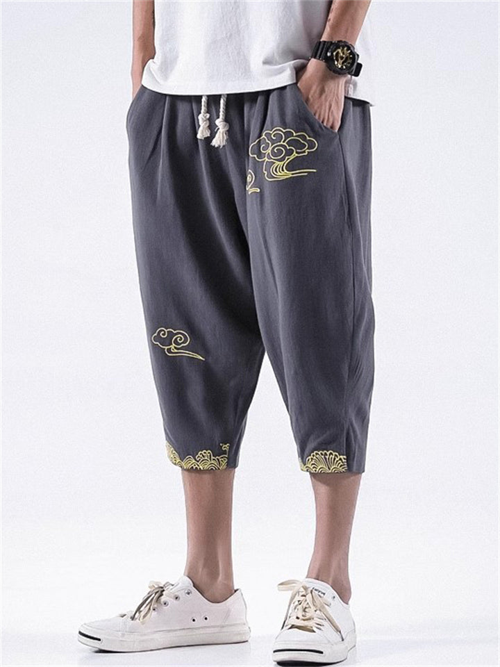 Men's Casual Cloud Print Drawstring Capri Pants