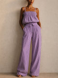 Women Holiday Style Striped 2 Piece Cami and Wide Leg Pants Set