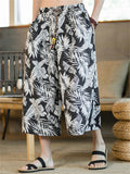 Men's Casual Plants Print Drawstring Beach Capri Pants