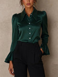 Women Satin Silk Blouse Ruffle Cuff Long Sleeve Office Top