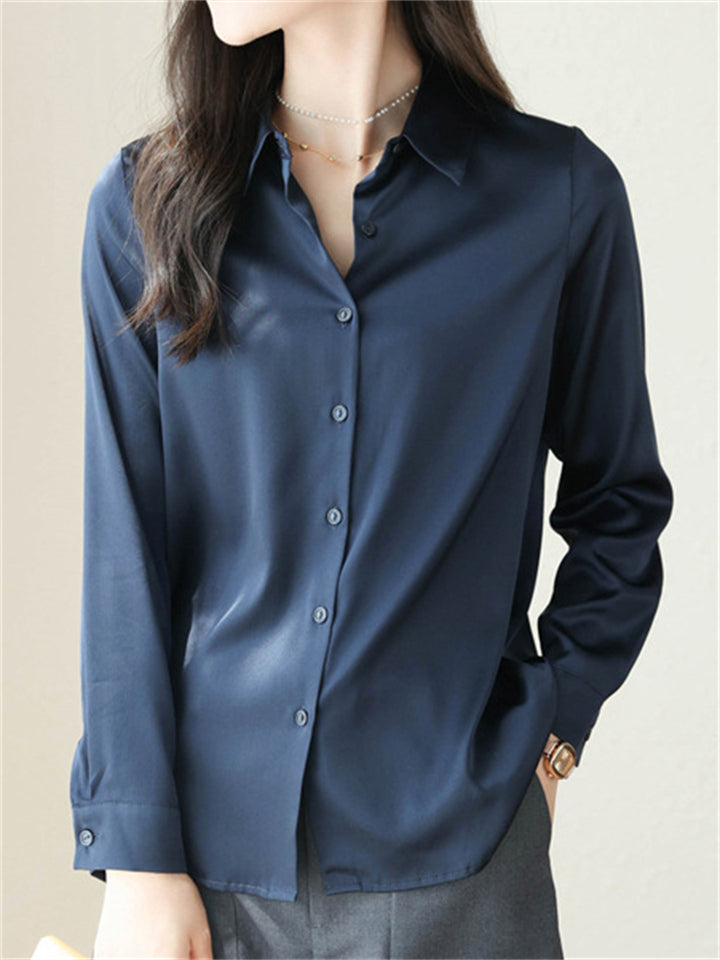 Ladies' Elegant Autumn OL Style Solid Color Long-sleeve Satin Shirts