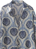 Women's Casual Blue Flower Print Chiffon V Neck Shirt