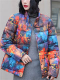 Women's Retro Print Stand Collar Long Sleeve Padded Coat