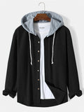 Men's Contrast Color Waffle Pattern Button Up Pocket Hooded Shirts