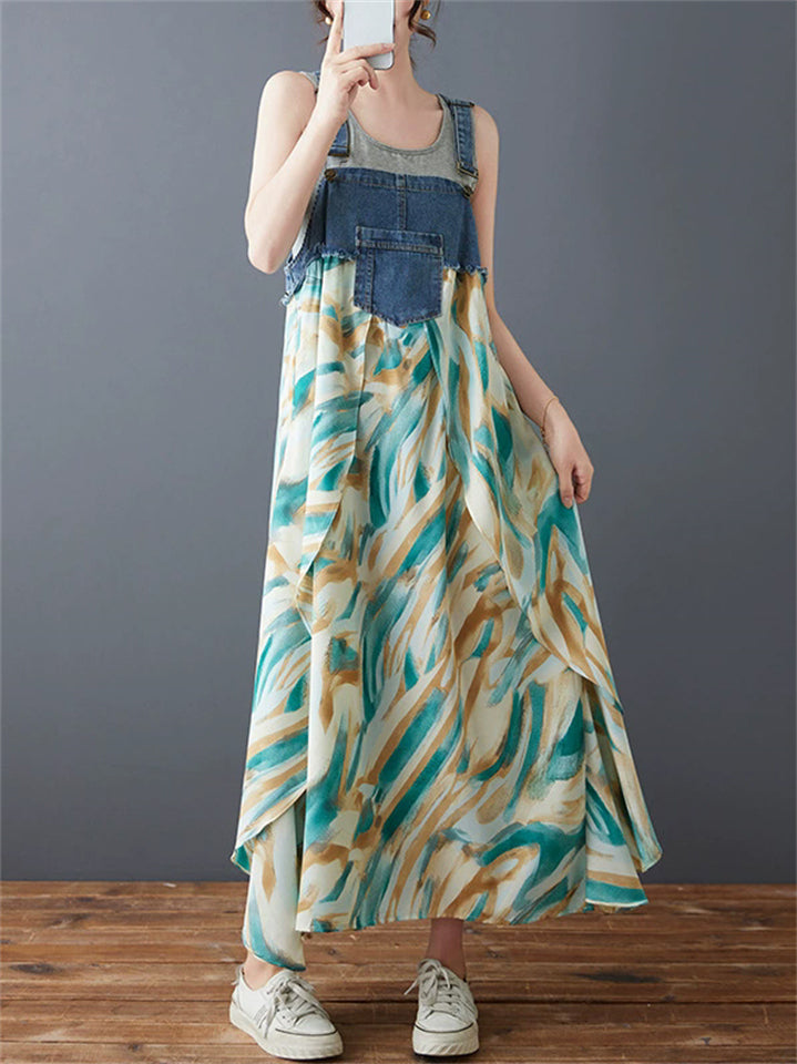 Women's Printed Denim Chiffon Patchwork Big Hem Dress