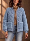 Women Fleece Quilted Jacket Zip Up Bomber Coat with Pockets