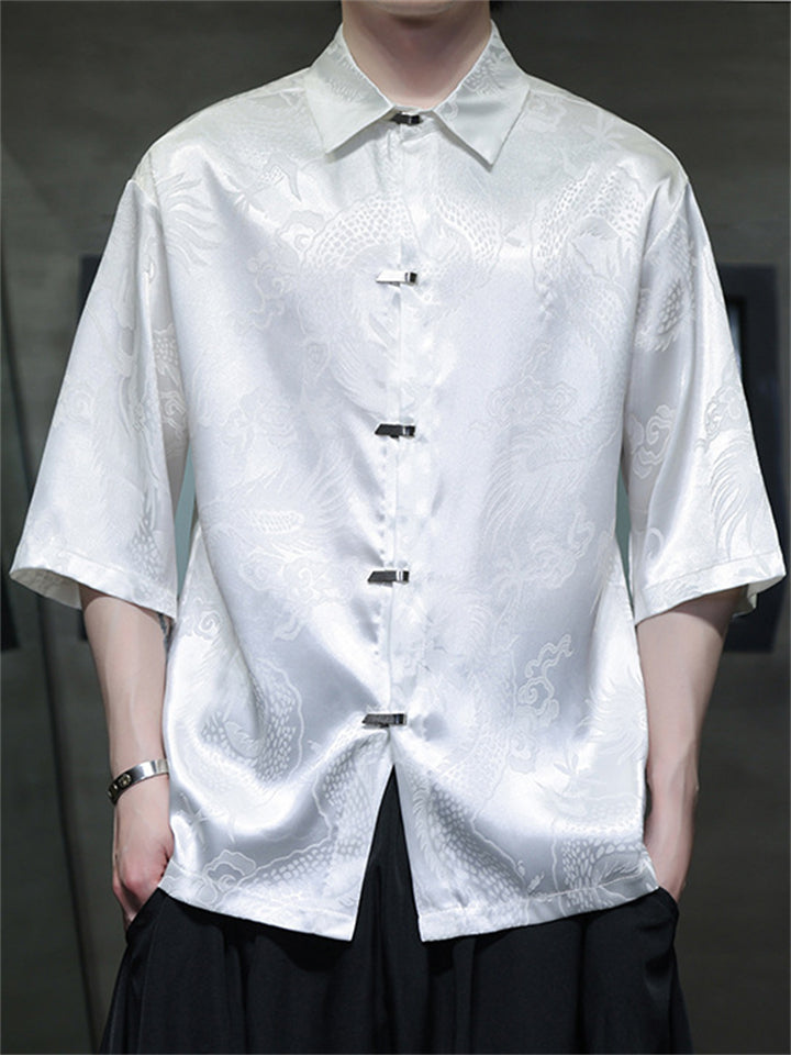 Chinese Style Loong Print Lapel Short Sleeve Shirts for Men