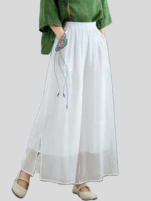 Lotus Embroideried Flowy Linen Fairy Pants for Women