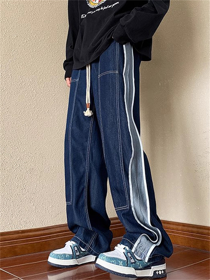Men's Patchwork Elastic Waist Drawstring Wide-Leg Straight Jeans
