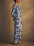 Women 2 Piece Toile De Jouy Blue Long Sleeve Cotton Pajama Set
