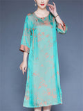 Women's Mountain Print Contrast Trim O-neck 3/4 Sleeve Dress