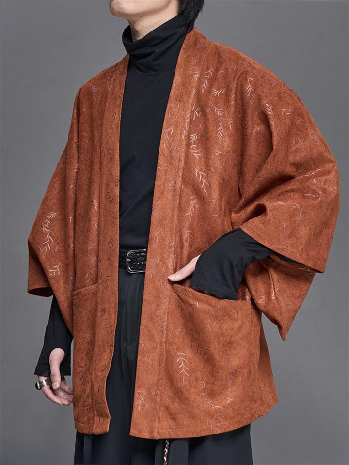 Retro Zen Style Print Faux Suede 3/4 Sleeve Cardigan for Men